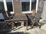Houten (teak) tuintafel + 4 verstelbare stoelen, Tuin en Terras, Tuinsets en Loungesets, Ophalen, 4 zitplaatsen, Gebruikt, Eettafel