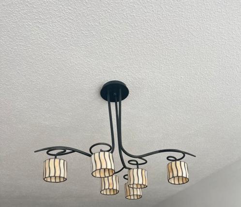 Vintage zwart castiron swirl plafondlamp & 6 murano kapjes, Huis en Inrichting, Lampen | Plafondlampen, Zo goed als nieuw, Glas