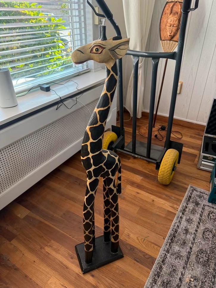 Houten Giraffe Beeld 100cm, Tuin en Terras, Tuinbeelden, Gebruikt, Dierenbeeld, Hout, Ophalen