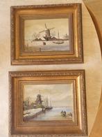 Set van 2 antieke schilderijen landschap molens, Antiek en Kunst, Ophalen of Verzenden