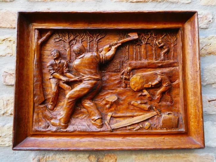 3D houtsnijwerk plaquette lijst  houthakkers gesigneerd, Antiek en Kunst, Curiosa en Brocante, Ophalen of Verzenden