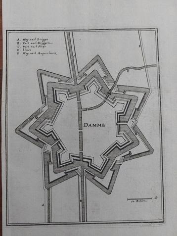 28 / plattegrond van Damme Belgie Gravure uit 1659 C. Merian beschikbaar voor biedingen
