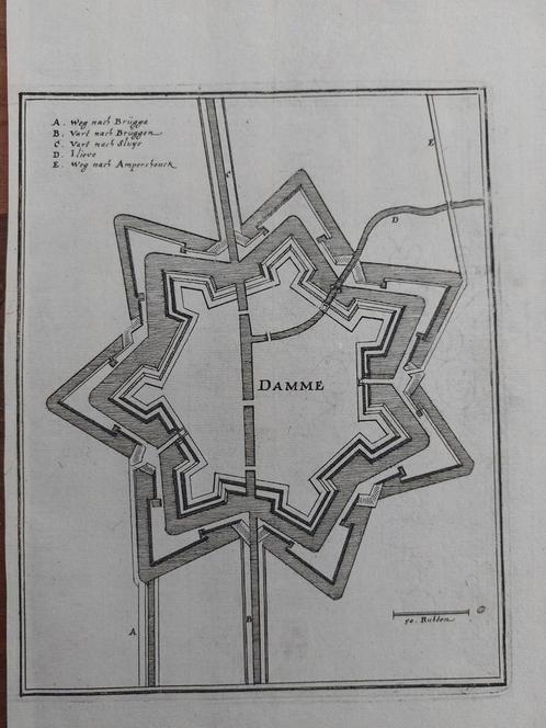 28 / plattegrond van Damme Belgie Gravure uit 1659 C. Merian, Antiek en Kunst, Kunst | Etsen en Gravures, Ophalen of Verzenden