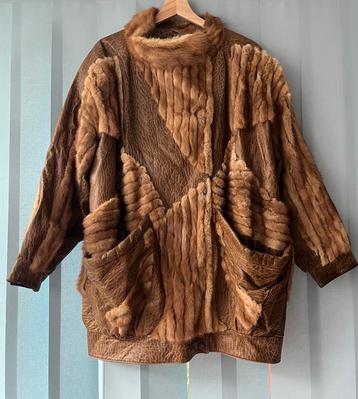 Vintage bruine lederen jas met beige stroken nertsbont XXL beschikbaar voor biedingen