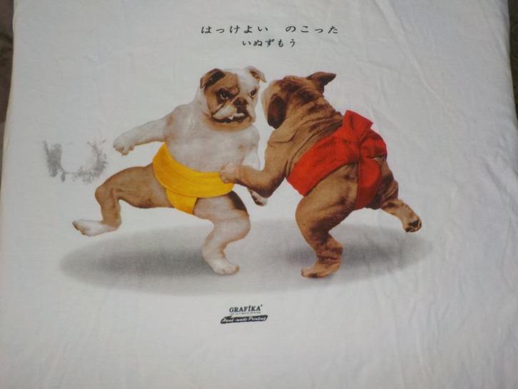 Engelse Bulldoggen als Sumo worstelaars - maat XL, Kleding | Heren, T-shirts, Zo goed als nieuw, Maat 56/58 (XL), Wit, Ophalen of Verzenden