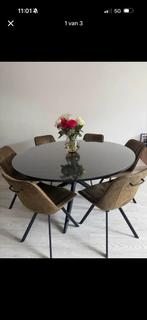 Mangohout ronde tafel 150 cm met glasplaat, Huis en Inrichting, Tafels | Eettafels, Ophalen, Gebruikt, 100 tot 150 cm, Rond