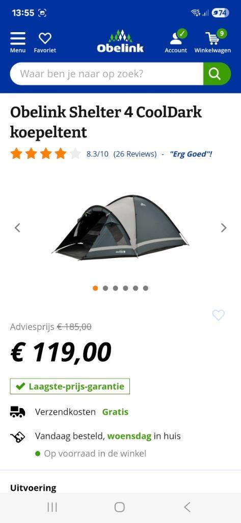 Obelink Shelter 4 CoolDark koepeltent, Caravans en Kamperen, Tenten, tot en met 4, Nieuw, Ophalen