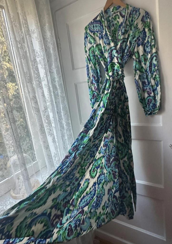 Maxi lange bohemian pofmouw ikat print jurk wikkeljurk Zara, Kleding | Dames, Jurken, Zo goed als nieuw, Maat 38/40 (M), Blauw