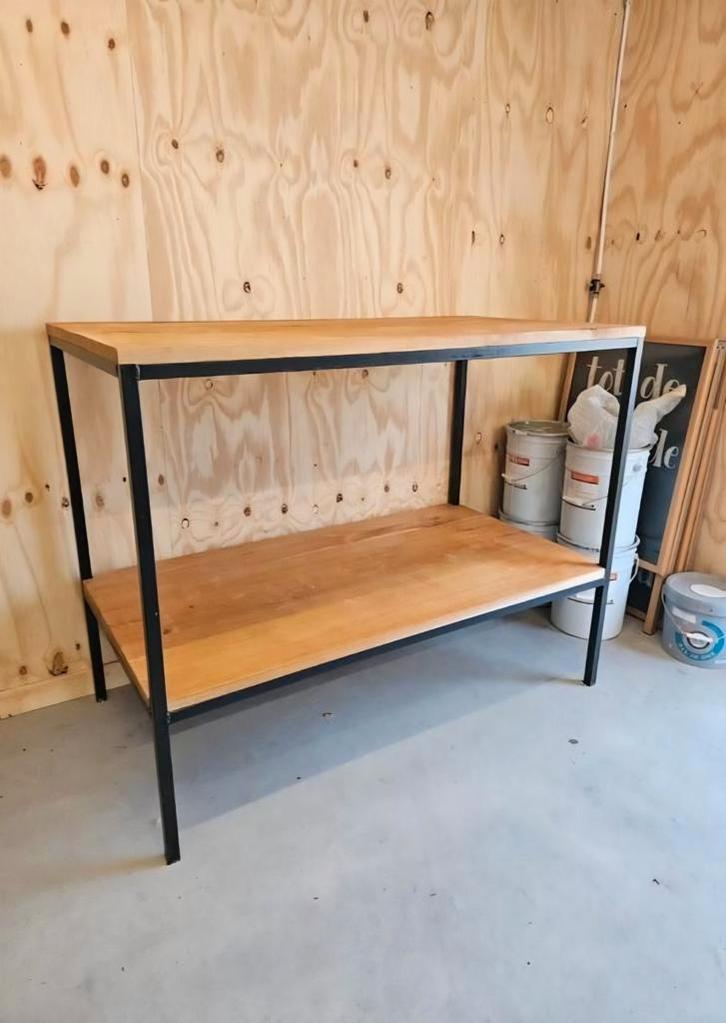 Houten tafel met stalen frame, Huis en Inrichting, Tafels | Sidetables, Gebruikt, 75 cm of meer, 100 tot 150 cm, Rechthoekig, Ophalen