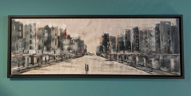 Schilderij people in the city - C.M. Leushuis, Huis en Inrichting, Woonaccessoires | Schilderijen, Tekeningen en Foto's, Zo goed als nieuw