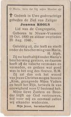 Joanna Kools 1890 Oud-Vosmeer + 1946 Oud-Vossemeer, 55 jr, Verzenden