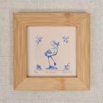 Ets, delfts blauwe tegel, ooievaar, bamboe lijst 10x10 cm, Minder dan 50 cm, Oorspronkelijke maker, Nieuw, Ophalen of Verzenden