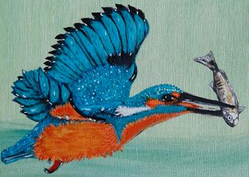 Schilderij IJsvogel met vis in kleurrijk acryl op canvas 