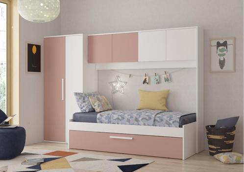Artik 1-persoonsbed met slaaplade en brugkast - Oudroze/wit, Kinderen en Baby's, Kinderkamer | Bedden