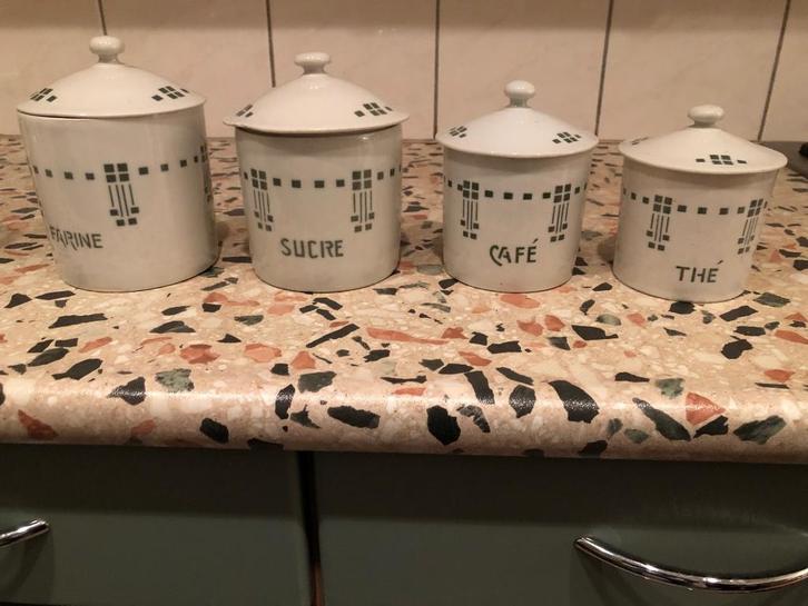 4 Mooie Keramiek voorraadpotten koffie, thee, suiker, bloem, Antiek en Kunst, Curiosa en Brocante, Ophalen