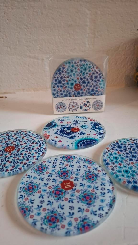 2x 4 Glazen Onderzetters DE - Delfts Blauw, Huis en Inrichting, Woonaccessoires | Onderzetters, Nieuw, Glas of Kopje, Ophalen of Verzenden