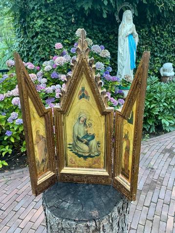 Antiek Houten Drieluik Altaar ❤️ Maria met Kind beschikbaar voor biedingen