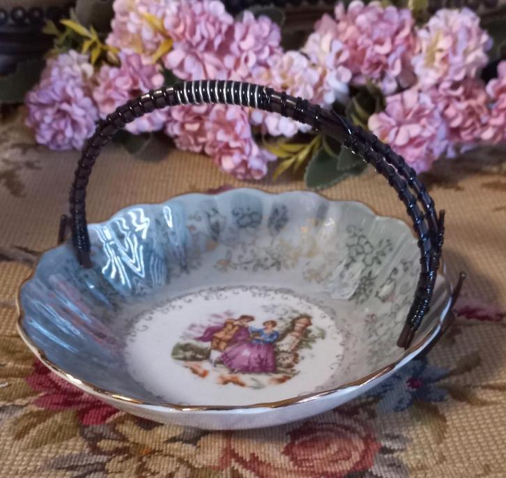 Leuk brocant schaaltje,barok afbeelding,groengrijs parelmoer, Antiek en Kunst, Curiosa en Brocante, Ophalen of Verzenden