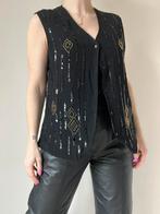Vintage pailletten/kralen gilet, S/M. Unisex party glitter, Verzenden, Zwart, Vintage, Gedragen
