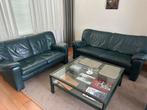 Donkergroen leren 2 en 3 zits bank, Huis en Inrichting, Banken | Bankstellen, Ophalen, Gebruikt, 200 tot 250 cm, Leer