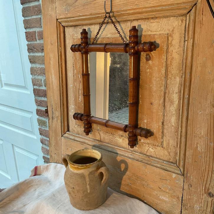 Antieke spiegel, Frans, in bamboe stijl, goede staat, ca1900, Antiek en Kunst, Antiek | Spiegels, Minder dan 50 cm, Minder dan 100 cm