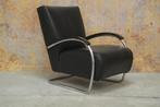 ZGANieuw zwarte leren design fauteuil met slede-onderstel, Huis en Inrichting, Fauteuils, Design, Onbekend, 75 tot 100 cm, Ophalen of Verzenden