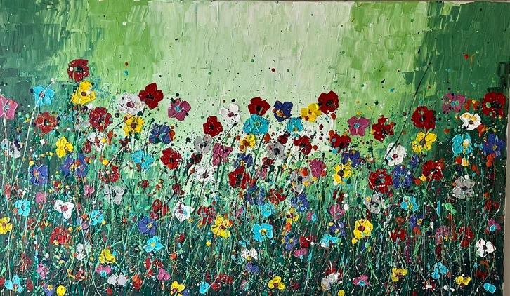 Valera- Bloemen- Handgeschilderd- Uniek, Antiek en Kunst, Kunst | Schilderijen | Abstract, Ophalen of Verzenden