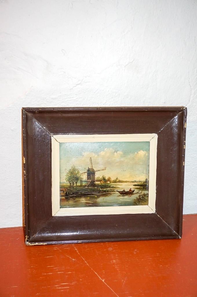 Antiek Nederlands windmolenlandschap olieverfschilderij, Ophalen of Verzenden