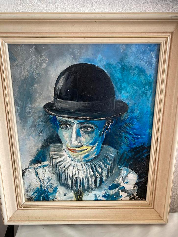Clown Schilderij Acryl - Expressief Blauw Palet, Antiek en Kunst, Kunst | Schilderijen | Modern, Ophalen of Verzenden