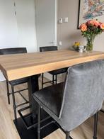 Verhoogde eettafel + 4 barkrukken – De Troubadour, Huis en Inrichting, Ophalen, 100 tot 150 cm, Eikenhout, 50 tot 100 cm