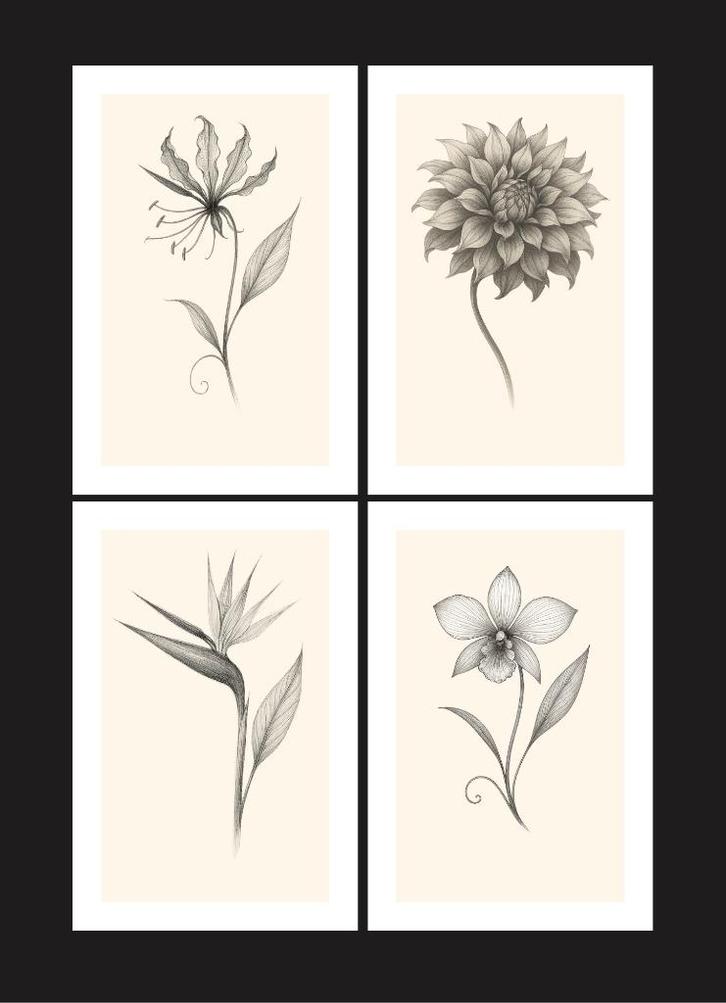 Set van 4 | Bloemenprints, Huis en Inrichting, Woonaccessoires | Schilderijen, Tekeningen en Foto's, Nieuw, Print, Minder dan 50 cm
