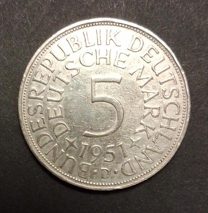 Zilvermunt 5 DUITSE MARK (5 DM) 1951 ZILVER, Postzegels en Munten, Munten | Europa | Niet-Euromunten, Duitsland, Zilver, Ophalen of Verzenden