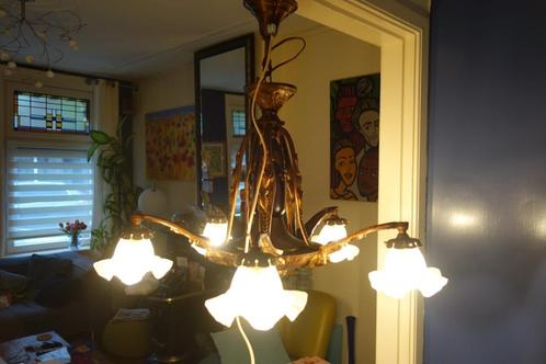 Vijfarmige kroonluchter + lichtbronnen + decoratieve functie, Huis en Inrichting, Lampen | Kroonluchters, Gebruikt, Glas, Kunststof