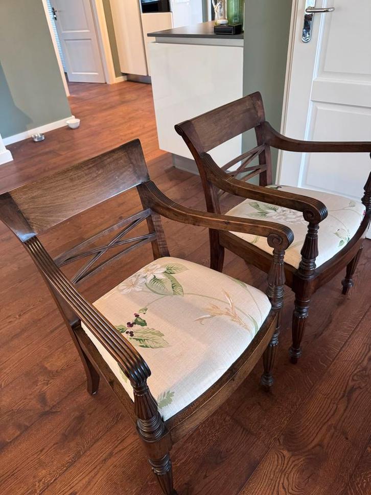 Teak stoelen met bloemmotief (stijl Biedermeier/Louis XVI), Huis en Inrichting, Stoelen, Gebruikt, Twee, Hout, Bruin, Ophalen