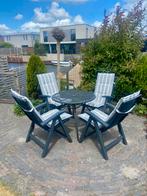Complete set: 4 Hartman tuinstoelen + kussens + tuintafel, Tuin en Terras, Tuinsets en Loungesets, 4 zitplaatsen, Kunststof, Gebruikt