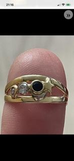 18 karaat gouden ring met diamant en saffier, Ophalen of Verzenden, Zo goed als nieuw, 17 tot 18, Dame