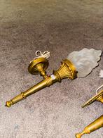 Twee Art Deco fakkel wandlampen van messing en glas, Huis en Inrichting, Lampen | Wandlampen, Ophalen, A, A, A