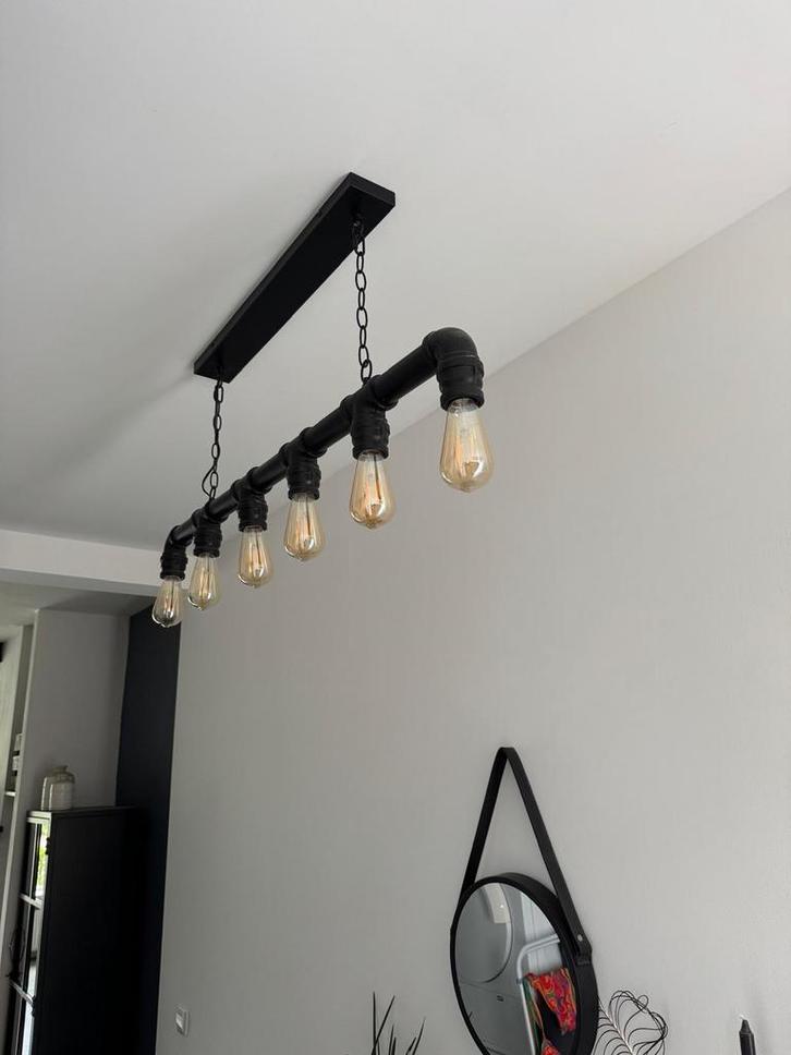 Industriële hanglamp met 6 E27 fittingen, Huis en Inrichting, Lampen | Hanglampen, Zo goed als nieuw, Minder dan 50 cm, Metaal