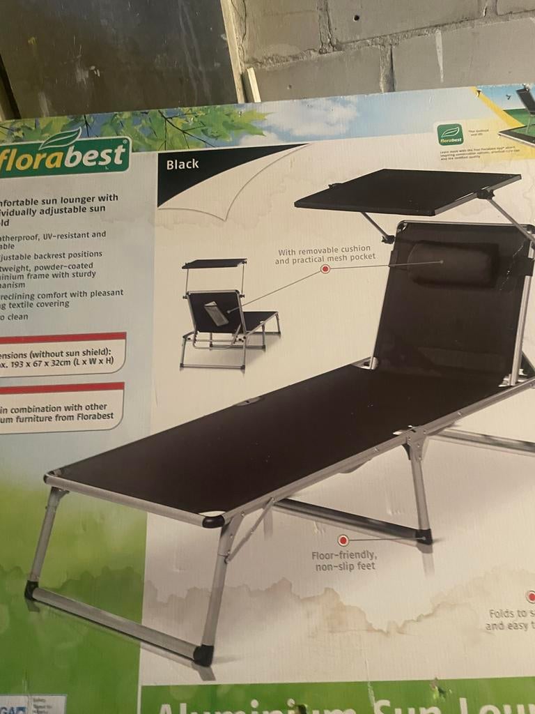 Florabest Aluminium Ligstoel - Zwart, Ophalen of Verzenden, Zo goed als nieuw, Aluminium, Inklapbaar