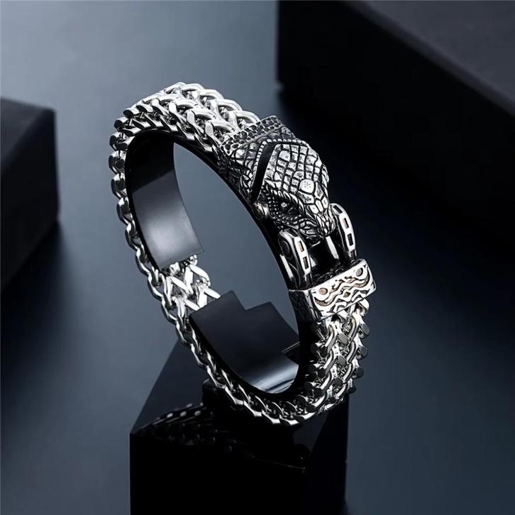 Roestvrij Stalen Slangenkop Heren Armband, Sieraden, Tassen en Uiterlijk, Armbanden, Nieuw, Staal, Zilver, Verzenden