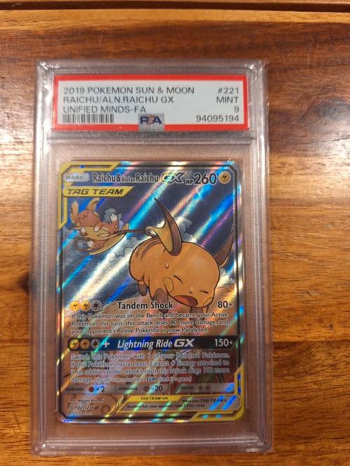 Pokémon Raichu & Alolan Raichu GX PSA 9 - Unified Minds, Hobby en Vrije tijd, Verzamelkaartspellen | Pokémon, Nieuw, Losse kaart