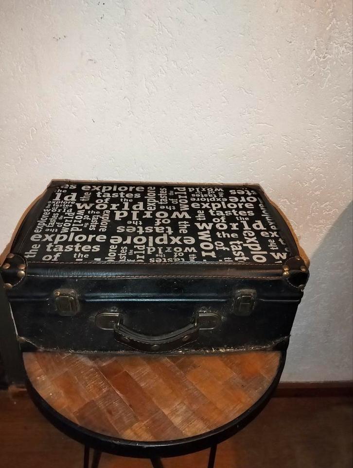 Mooi oud brocante koffer zwart met tekst, Antiek en Kunst, Curiosa en Brocante, Ophalen of Verzenden