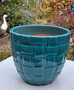 Nette turquoise blauw geglazuurde bloempot  38 cm, Ophalen, Tuin, Steen, Minder dan 60 cm