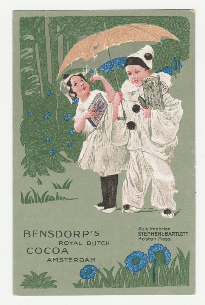 Reclame.  Cacao Bensdorp.   Meisje met Pierrot.  Amsterdam., Verzamelen, Ansichtkaarten | Themakaarten, Ongelopen, Voor 1920, Overige thema's