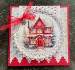 Nr 61 Kerst wenskaart met haakwerk huis in sneeuw, Hobby en Vrije tijd, Kaarten | Zelfgemaakt, Ophalen of Verzenden, Nieuw, Kerst