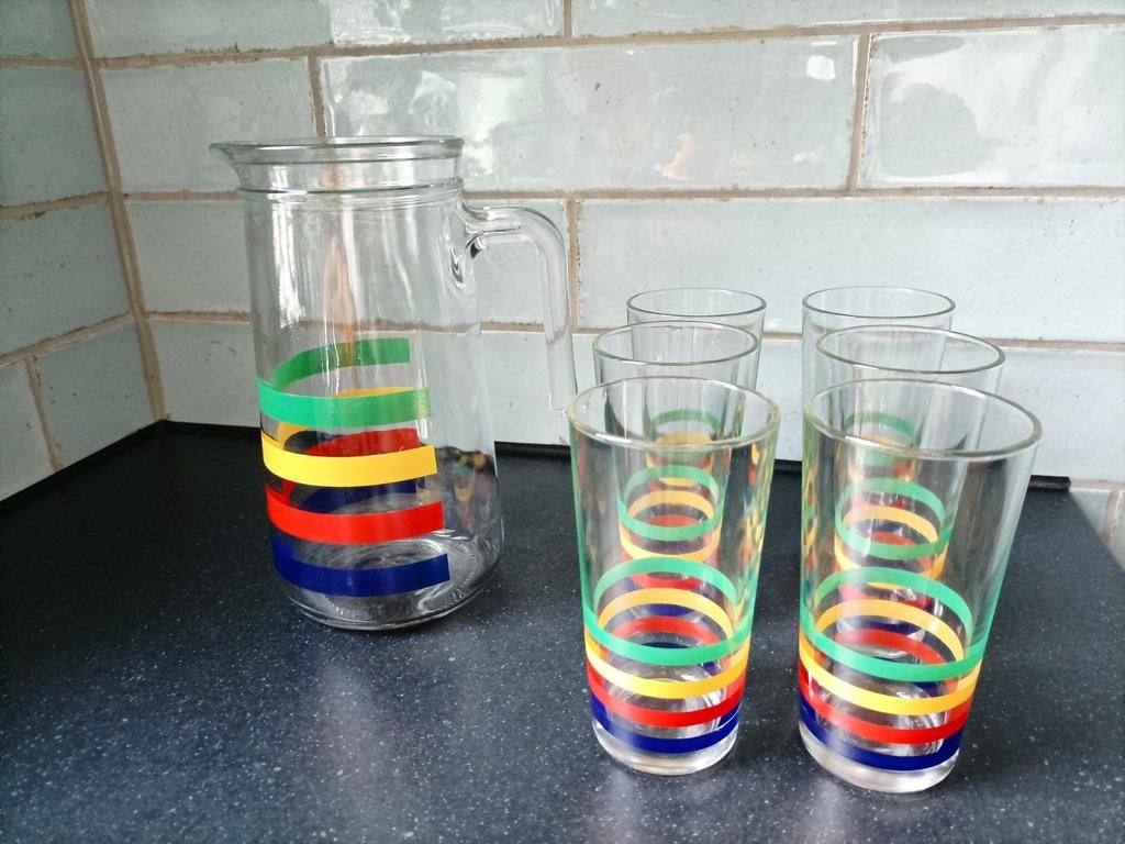 Vintage glazen kan met 6 bijpassende glazen, Huis en Inrichting, Keuken | Servies, Glas of Glazen, Gebruikt, Ophalen of Verzenden