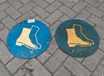 Oude borden werkschoenen verplicht blauw wit werkplaats bord, Ophalen of Verzenden, Zo goed als nieuw