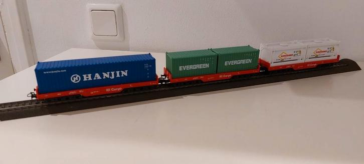 3 Märklin plattewagons beladen met containers, Hobby en Vrije tijd, Modeltreinen | H0, Zo goed als nieuw, Wagon, Wisselstroom