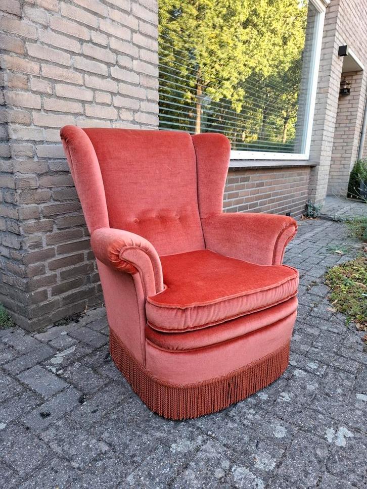 Vintage oor fauteuil velours stof jaren 60 stoel, Huis en Inrichting, Fauteuils, Zo goed als nieuw, Hout, Stof, 50 tot 75 cm, 75 tot 100 cm