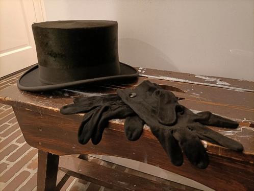 Vintage zijden adbar hoge hoed met handschoenen in doos., Antiek en Kunst, Curiosa en Brocante, Ophalen
